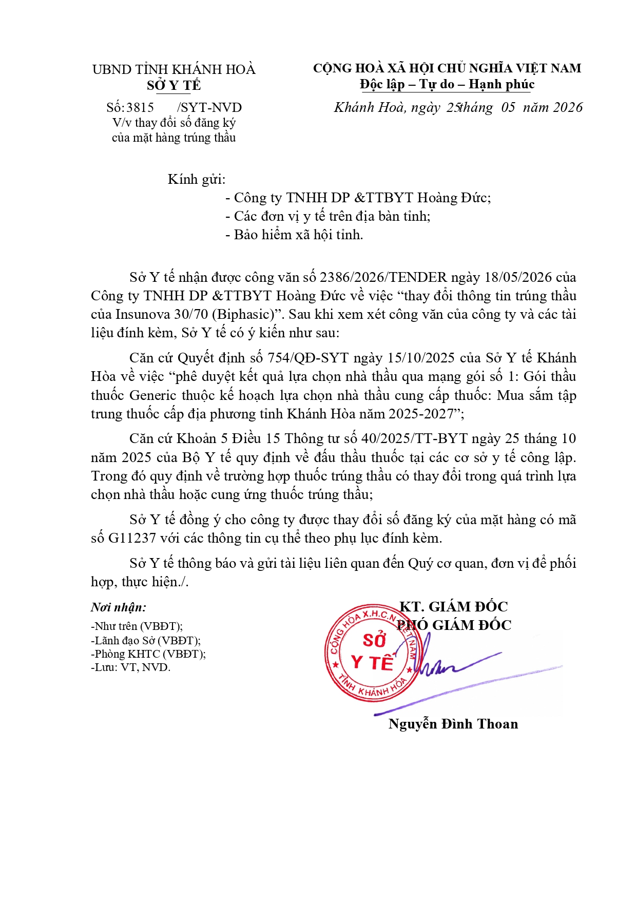 V/v thay đổi số đăng ký của mặt hàng trúng thầu